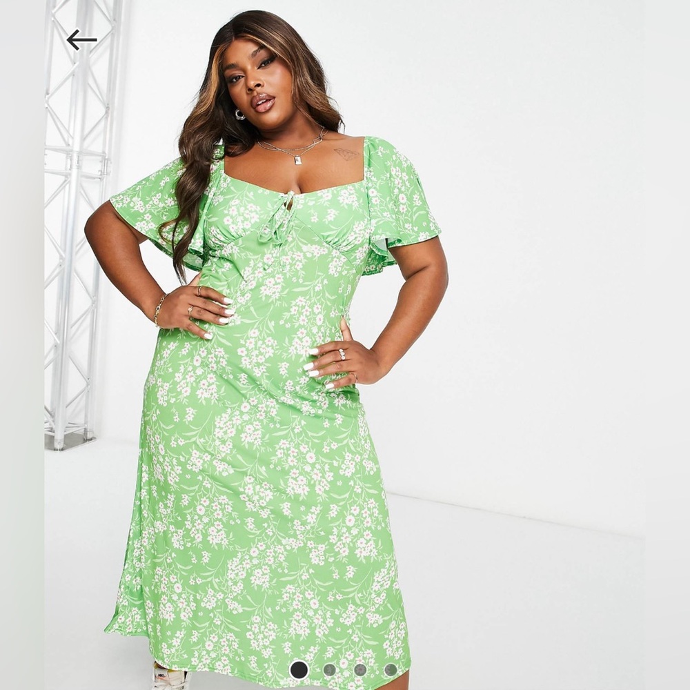 ASOS DESIGN Curve flutter sleeve midi tea dress with tie detail in green floral
